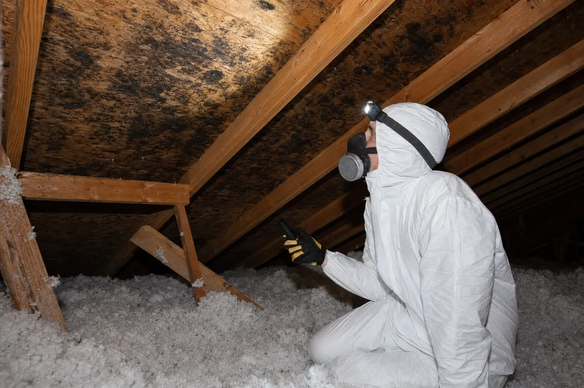Technician inspecting mold on attic roof sheathing above blown-in insulation in a Fort Worth, TX home