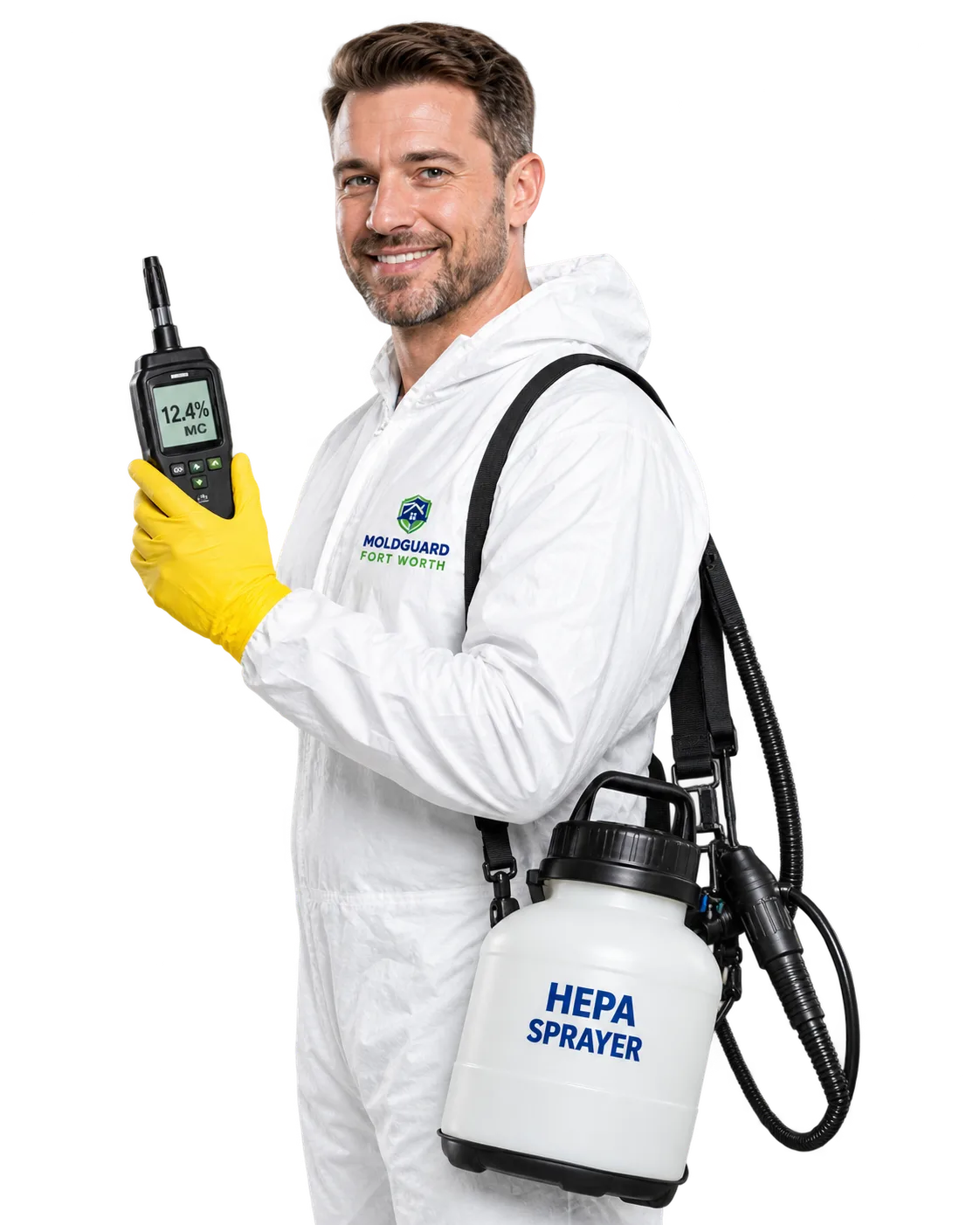 Mold remediation technicians in protective equipment with moisture meter and HEPA sprayer, serving Fort Worth, TX